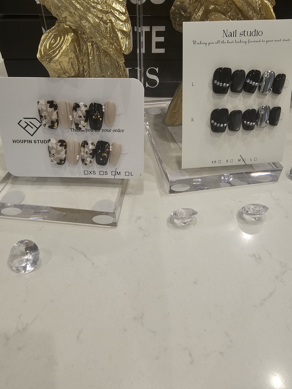 Neutral Floral & Black Rhinestone Press-On Nail Sets